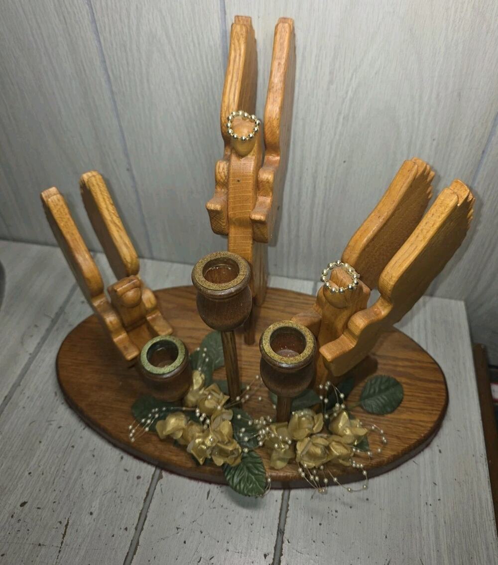 Vintage Acacia Wood Three Angel Candle Holder Holiday Decor Christmas READ